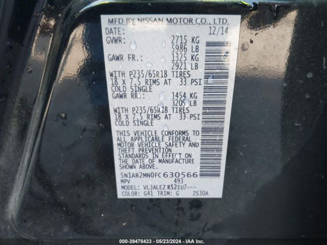 5N1AR2MN0FC630566 Nissan Pathfinder Platinum/s/sl/sv