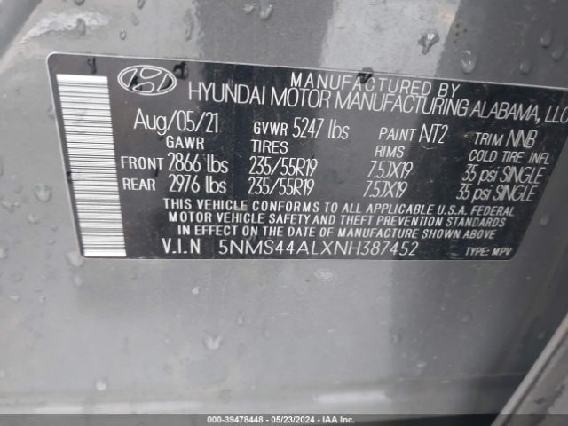 5NMS44ALXNH387452 Hyundai Santa Fe Limited