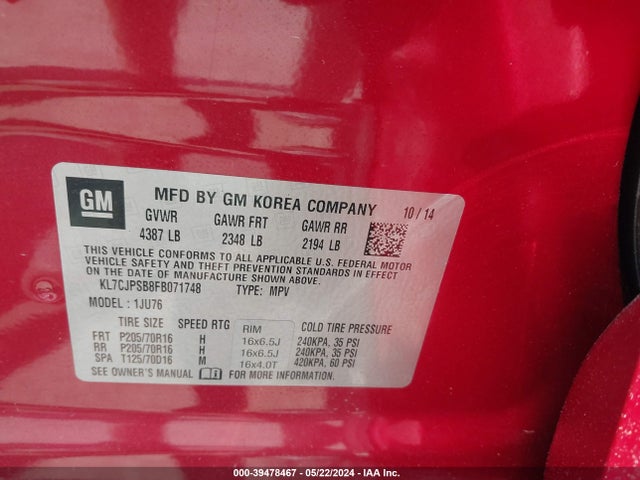 Chevrolet Trax 1ls 2015 KL7CJPSB8FB071748 Image 9