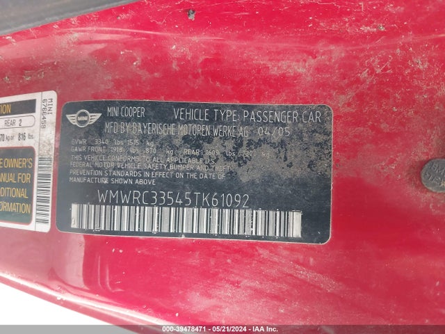 2005 MINI COOPER WMWRC33545TK61092 Photo 8