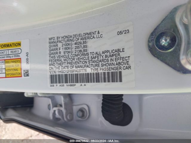 1HGCY2F69PA037776 Honda Accord Hybrid Ex-l