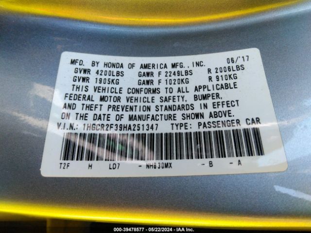 1HGCR2F39HA251347 Honda ACCORD LX