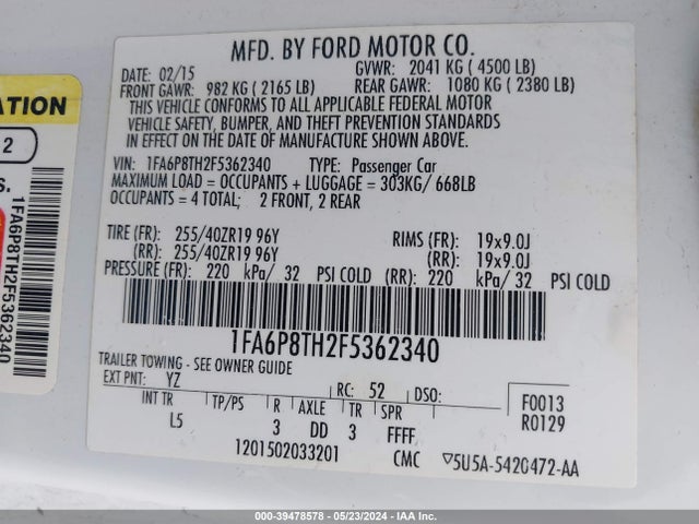 Ford Mustang Ecoboost 2015 1FA6P8TH2F5362340 Image 9