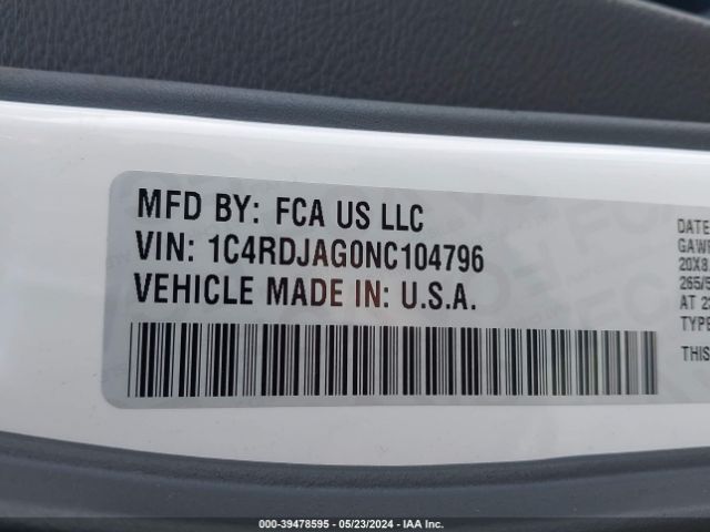 1C4RDJAG0NC104796 Dodge Durango Sxt Awd