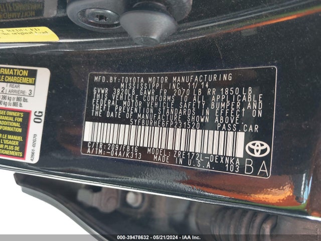 Aukcja sprzedaży 2015 Toyota Corolla Le, vin: 5YFBURHE6FP231520, numer aukcji: 39478632