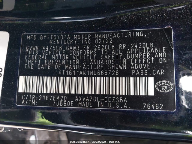 Toyota CAMRY SE 2022 4T1G11AK1NU668726 Image 9