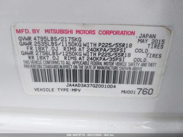 JA4AD3A37GZ001004 Mitsubishi Outlander Sel