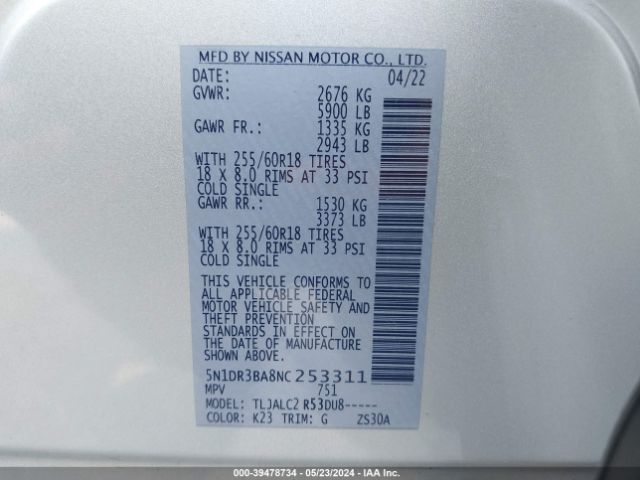 5N1DR3BA8NC253311 Nissan Pathfinder Sv 2wd