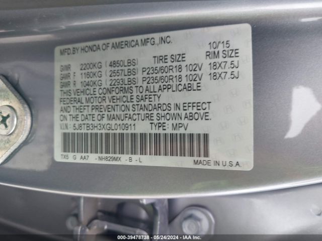 5J8TB3H3XGL010911 Acura Rdx Acurawatch Plus Pkg