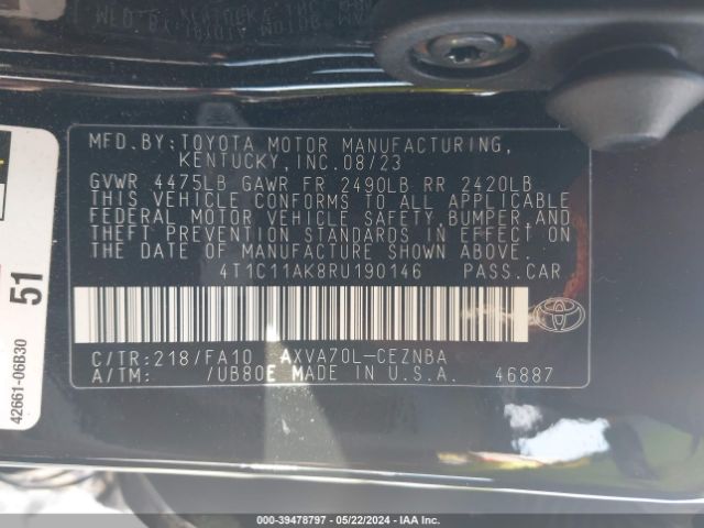 4T1C11AK8RU190146 Toyota CAMRY LE