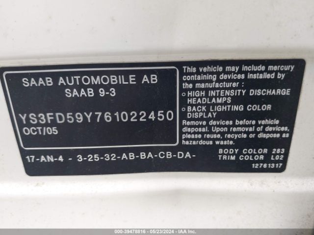 2006 SAAB 9-3 YS3FD59Y761022450 Photo 8