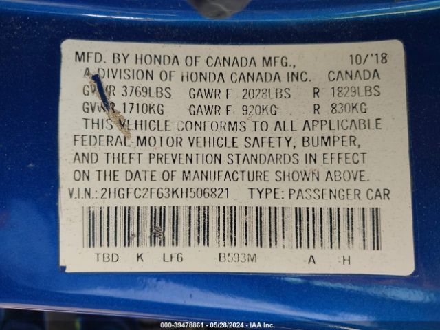 2HGFC2F63KH506821 Honda Civic Lx