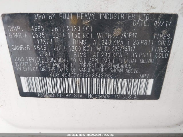 Subaru Outback 2.5i Premium 2017 4S4BSAFC9H3348766 Image 9