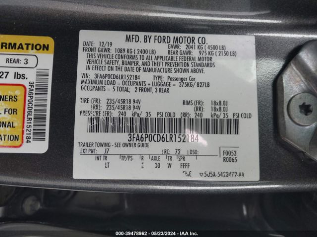 3FA6P0CD6LR152184 Ford FUSION SEL