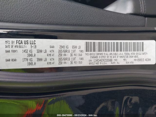 1C4RDHAG7KC535088 Dodge Durango Sxt Rwd