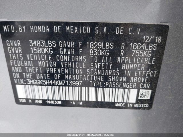 3HGGK5H44KM713997 Honda FIT LX