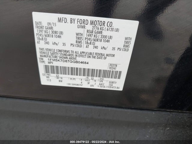 Ford EXPLORER XLT 2016 1FM5K7D87GGB04684 Image 9
