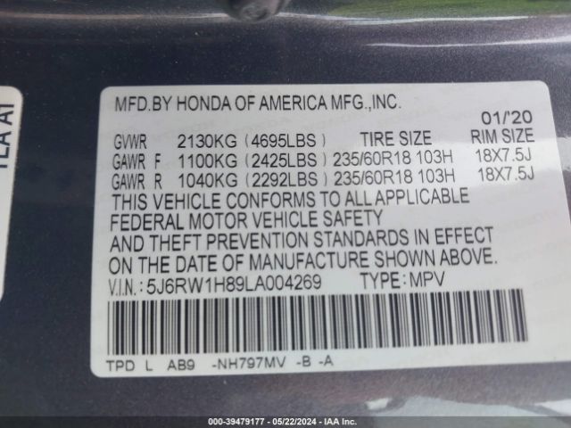 5J6RW1H89LA004269 Honda Cr-v 2wd Ex-l