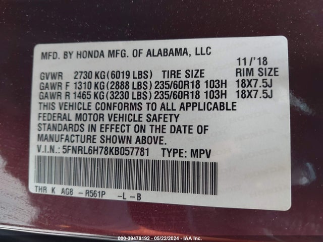 Honda Odyssey Ex-l 2019 5FNRL6H78KB057781 Image 9