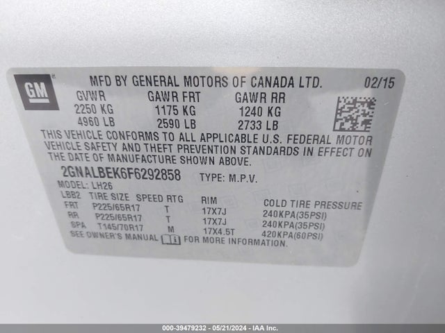 Chevrolet EQUINOX 1LT 2015 2GNALBEK6F6292858 Image 9