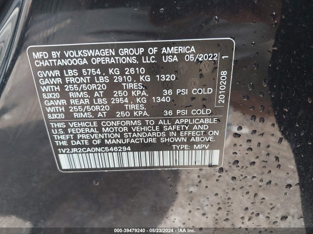 1V2JR2CA0NC546294 Volkswagen Atlas 3.6l V6 Se W/technology