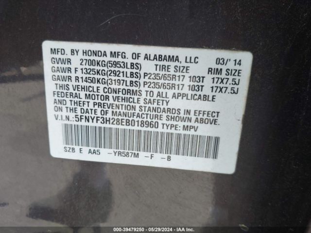 5FNYF3H28EB018960 Honda PILOT LX