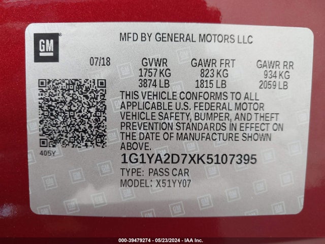 Chevrolet CORVETTE STINGRAY 2019 1G1YA2D7XK5107395 Image 9