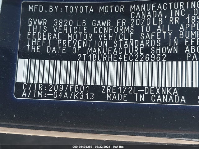 Toyota COROLLA LE 2014 2T1BURHE4EC226962 Image 9