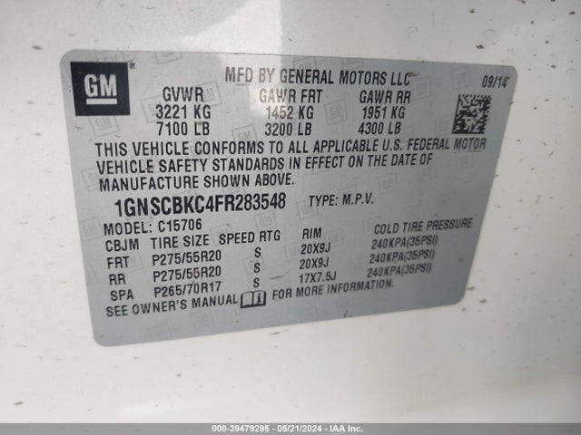 Chevrolet Tahoe Lt 2015 1GNSCBKC4FR283548 Image 9