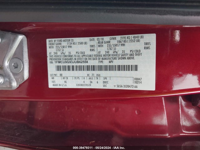 Ford ESCAPE SE 2018 1FMCU9G93JUB62558 Image 9