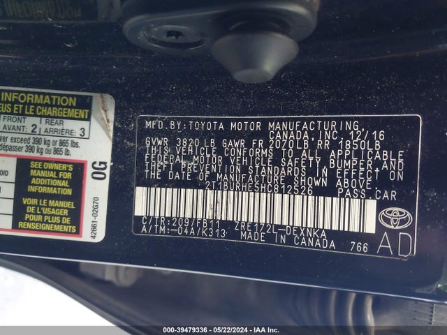 Toyota COROLLA LE 2017 2T1BURHE5HC812526 Image 9