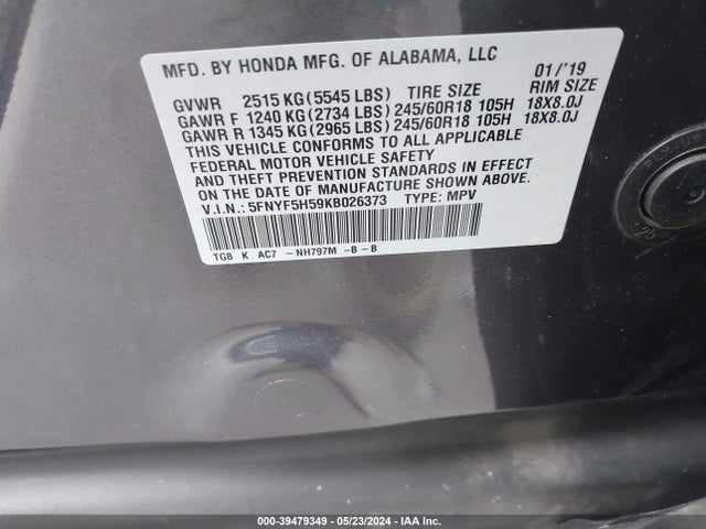 Honda Pilot Ex-l 2019 5FNYF5H59KB026373 Image 9