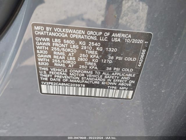 1V2PE2CA8MC203978 Volkswagen Atlas Cross Sport 3.6l V6 Se W/technology R-line