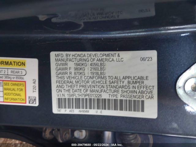 19XFL1H79PE013226 Honda Civic Ex-l /ex-l W/o Bsi