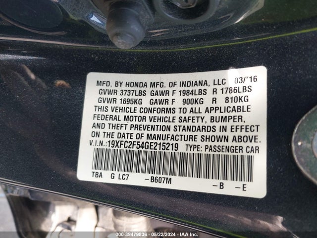 Honda Civic Lx 2016 19XFC2F54GE215219 Image 9