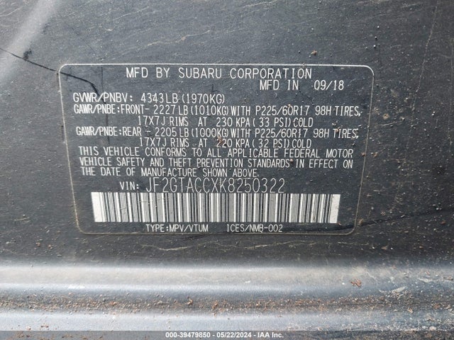 JF2GTACCXK8250322 Subaru Crosstrek 2.0i Premium