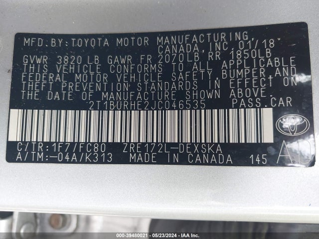 Toyota COROLLA SE 2018 2T1BURHE2JC046535 Image 9