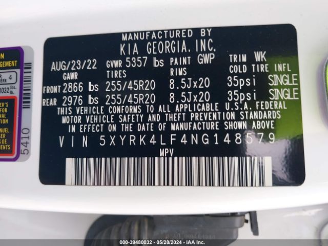 5XYRK4LF4NG148579 KIA SORENTO SX