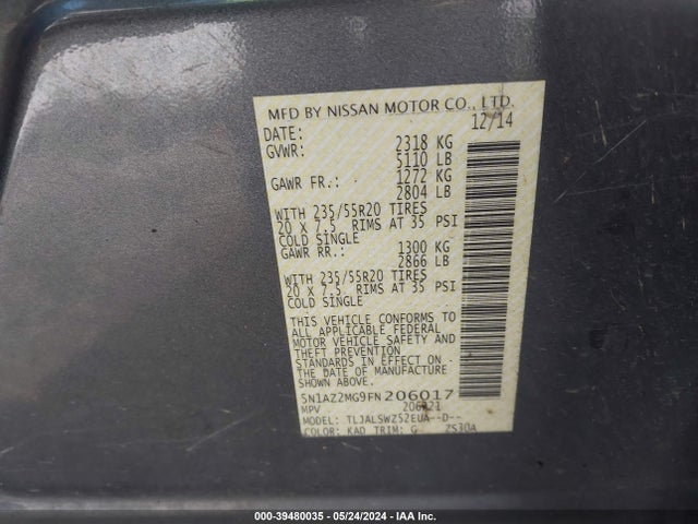 Nissan Murano Platinum 2015 5N1AZ2MG9FN206017 Image 9