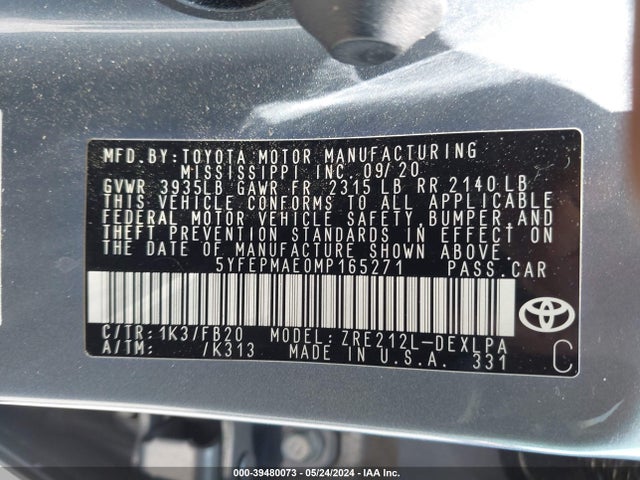 Toyota COROLLA LE 2021 5YFEPMAE0MP165271 Image 9