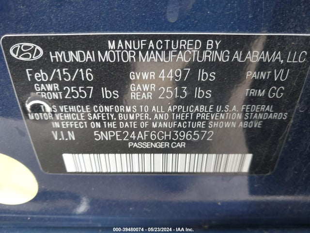 Hyundai Sonata 2016 5NPE24AF6GH396572 Image 9