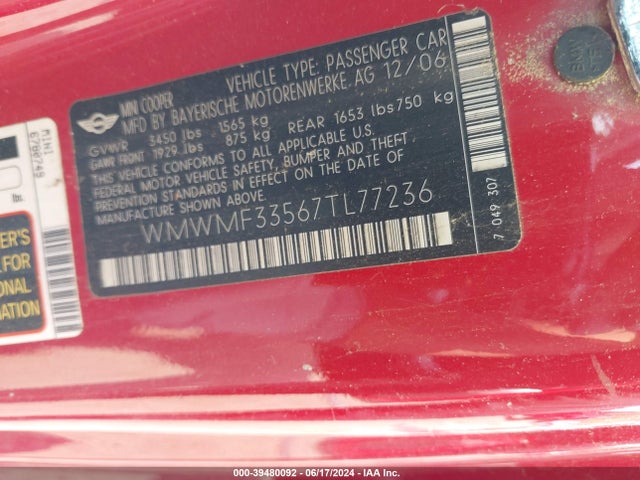 2007 MINI COOPER WMWMF33567TL77236 Photo 8