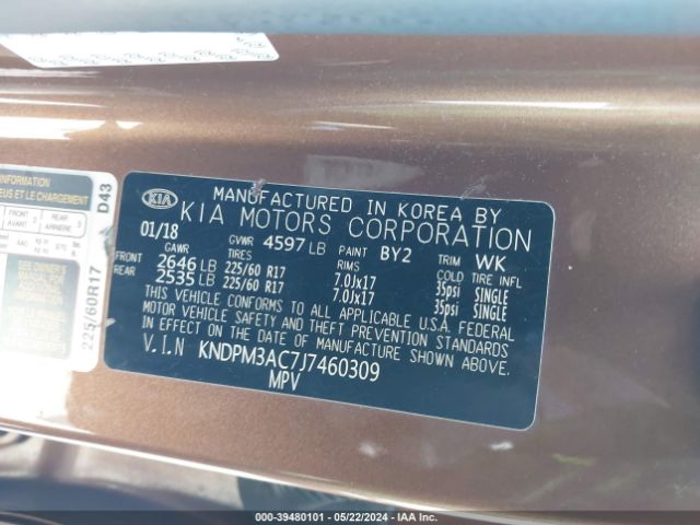 KNDPM3AC7J7460309 KIA Sportage Lx
