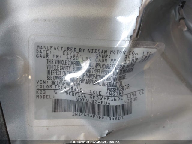 Nissan Versa 1.6 Sv 2017 3N1CN7AP7HK434801 Image 9
