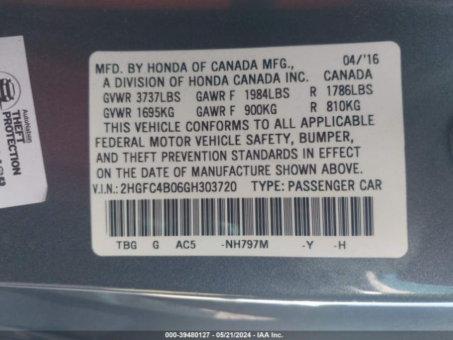 2HGFC4B06GH303720 Honda Civic Lx-p