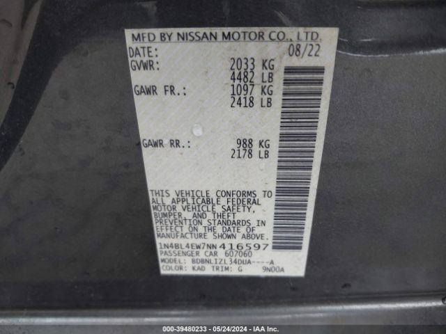 1N4BL4EW7NN416597 Nissan Altima Sl Intelligent Awd