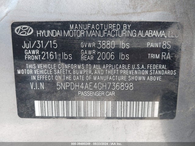 Hyundai ELANTRA SE 2016 5NPDH4AE4GH736898 Image 9