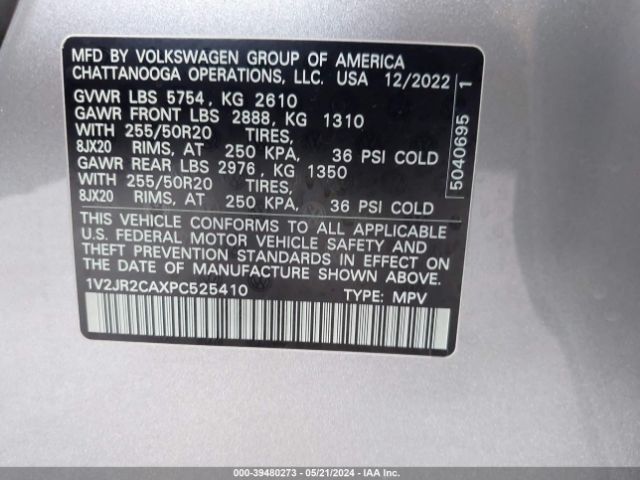 1V2JR2CAXPC525410 Volkswagen Atlas 3.6l V6 Se W/technology