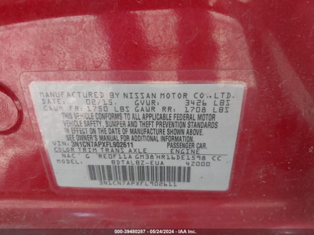 3N1CN7APXFL902611 Nissan Versa 1.6 S/1.6 S+/1.6 Sl/1.6 Sv