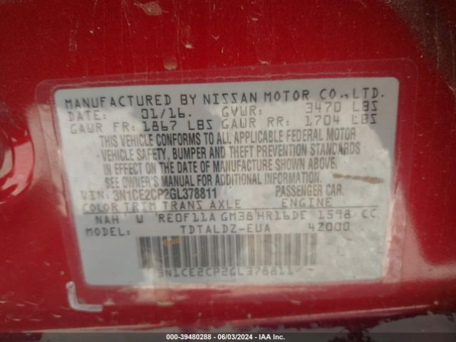 3N1CE2CP2GL378811 Nissan Versa Note S (sr)/s Plus/sl/sr/sv